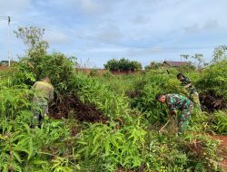 Kodim 1206/Putussibau Gotong Royong Bersihkan Semak Belukar Sisi Kanan Kiri Jalan Bika Kalis